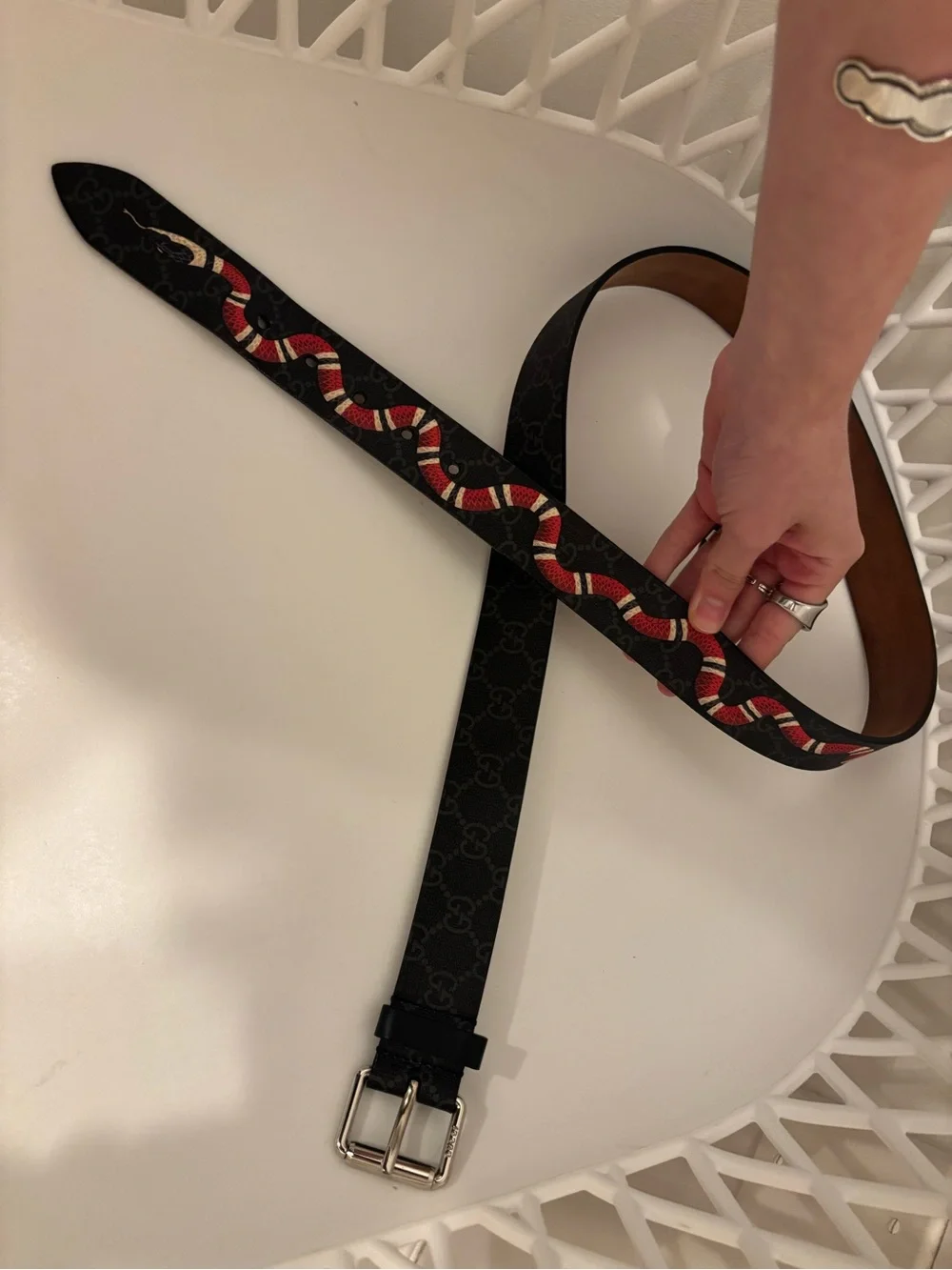 Gucci Black Monogram Belt with Red & White Snake Accent